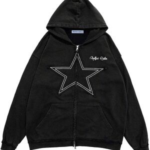 Aelfric Eden Black Star Zip Hoodie with White Stitching